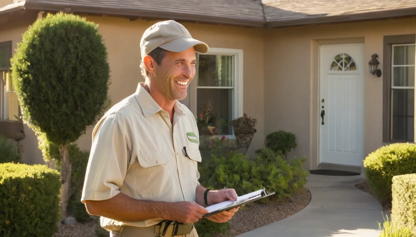 A friendly provider talking with a homeowner at the front door of a stucco ranch home in San Dimas